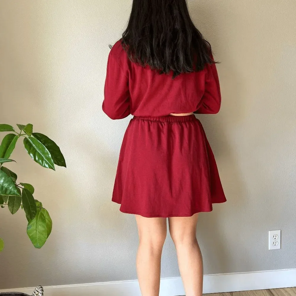 vtg 90s Lands end upcycled reowrked 2 piece skirt crop top set red‎ knit small